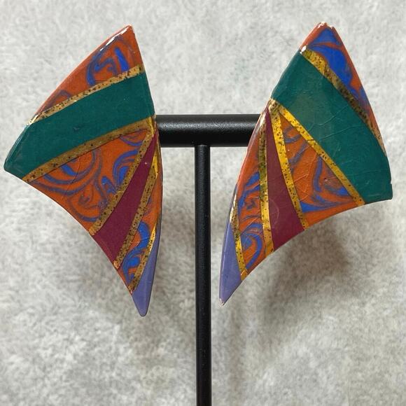 Vintage 80s earrings enamel gold green purple red triangle - Picture 1 of 6